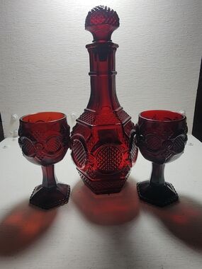 Avon Ruby Red Pressed Glass Decanter with Two Goblets
